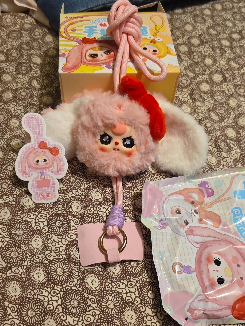 Pink Plush Bunny Lanyard Keychain with Red Bow - Cute Kids Toy